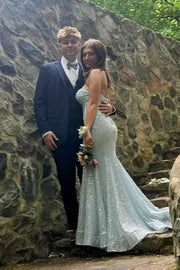 Sparkly Strapless Mermaid Sequin Party Prom Dress With Train