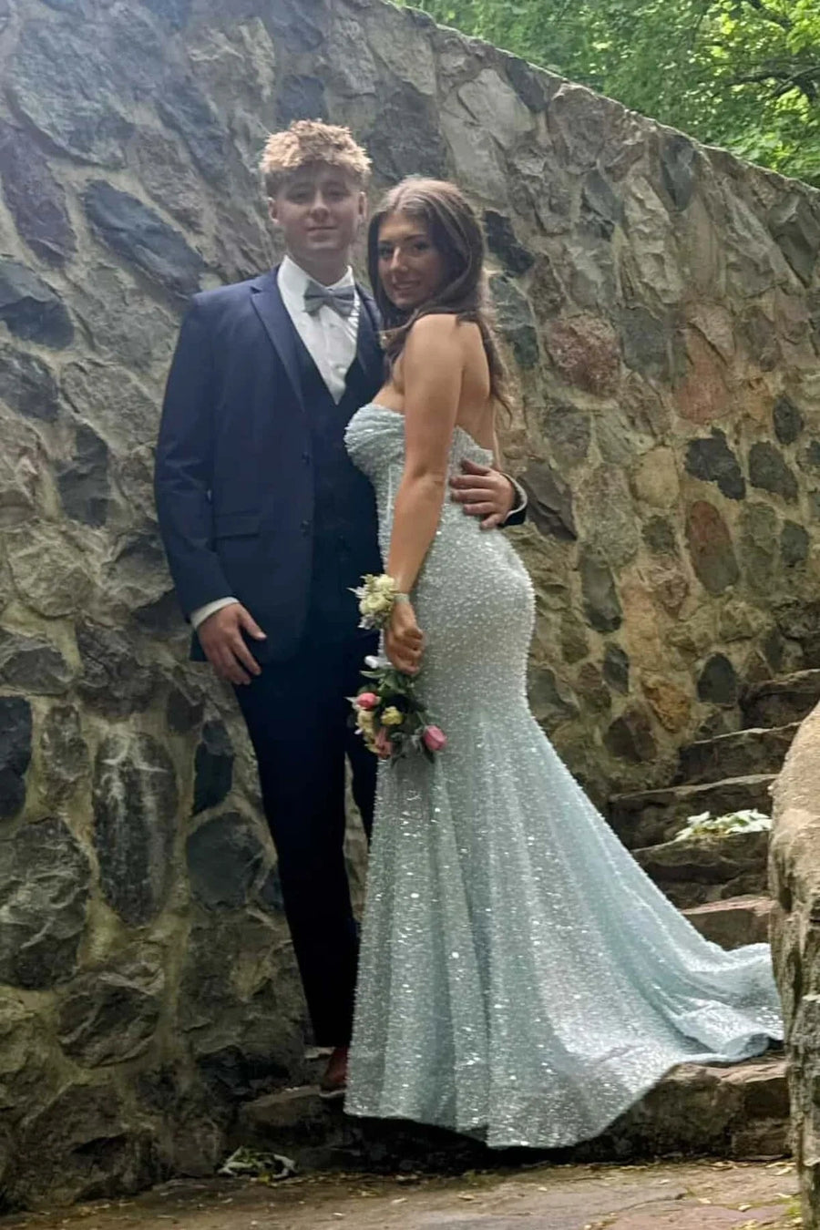 Sparkly Strapless Mermaid Sequin Party Prom Dress With Train