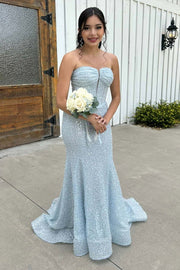 Sparkly Strapless Mermaid Sequin Party Prom Dress With Train
