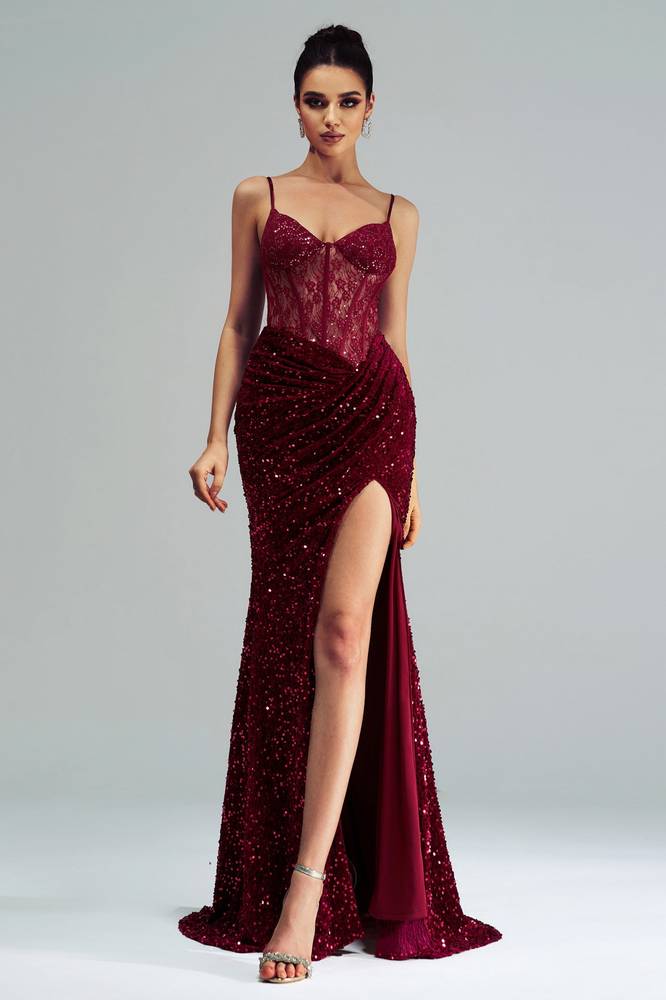 Sparkly Sweetheart Sleeves Mermaid Party Evening Dress With Slit