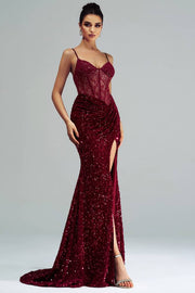 Sparkly Sweetheart Sleeves Mermaid Party Evening Dress With Slit