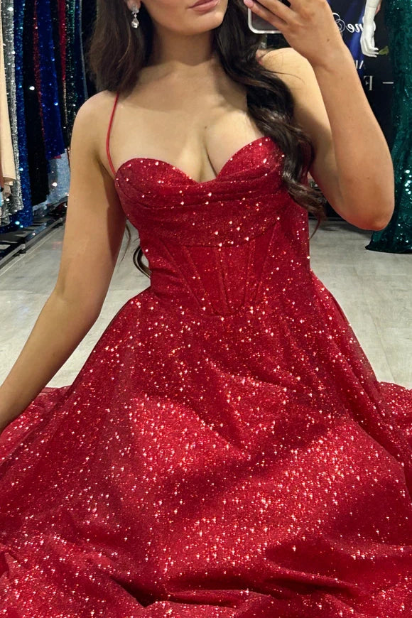 Sparkly Sweetheart Spaghetti Straps A-Line Long Party Prom Dress