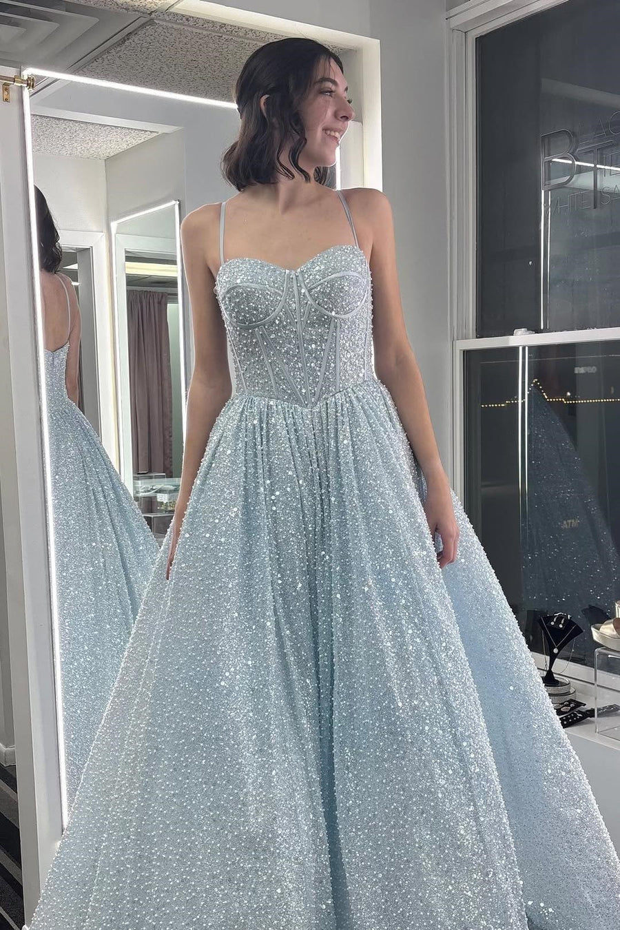 Sparkly Sweetheart Spaghetti Straps A-Line Party Prom Dress