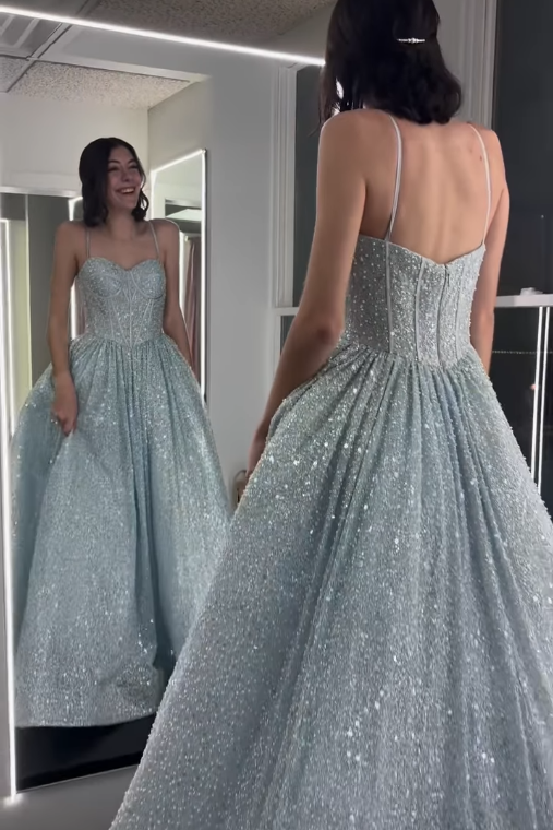 Sparkly Sweetheart Spaghetti Straps A-Line Party Prom Dress