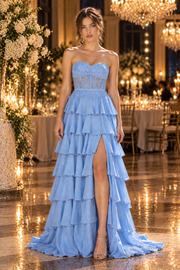 Sparkly Sweetheart Strapless Empire A-Line Tiered Satin Party Prom Dress