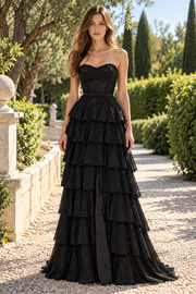 Sparkly Sweetheart Strapless Empire A-Line Tiered Satin Party Prom Dress