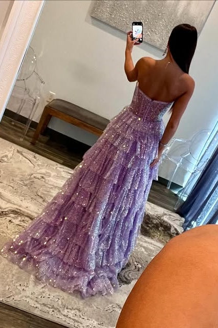 Sparkly Sweetheart Strapless Tiered A-Line Prom Dress
