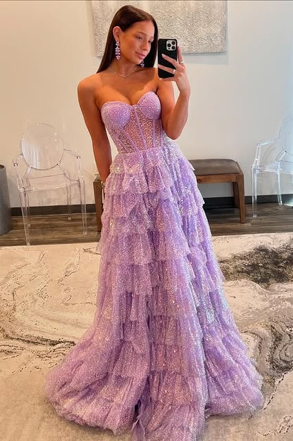 Sparkly Sweetheart Strapless Tiered A-Line Prom Dress