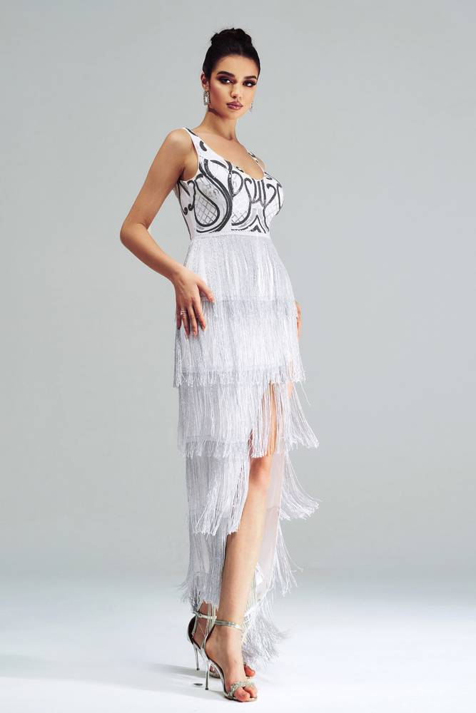 Sparkly Tiered Fringe V-Neck Party Evening Dress 