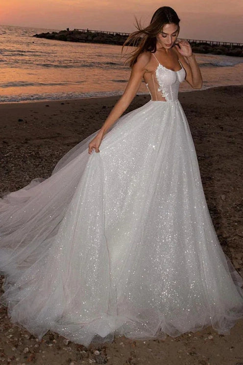 Sparkly Tulle A-Line Backless Bateau Beach Wedding Dress Custom Color / US 16 Sparkly Tulle A-Line Backless Bateau Beach Wedding Dress Custom Color / US 16