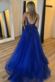 Sparkly Tulle A-Line Bateau Open Back Long Prom Dress With Slit