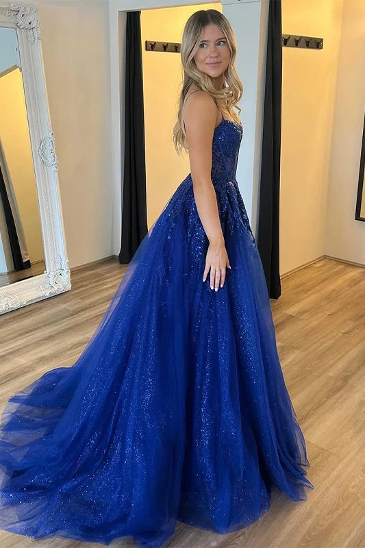 Sparkly Tulle A-Line Bateau Open Back Long Prom Dress With Slit