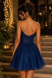 Sparkly Tulle A-Line Lace Appliques Sweetheart Strapless Homecoming Dress