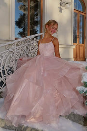 Sparkly Tulle A-Line Lace Top Square Sleeveless Tiered Party Prom Dress