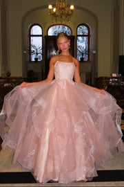 Sparkly Tulle A-Line Lace Top Square Sleeveless Tiered Party Prom Dress