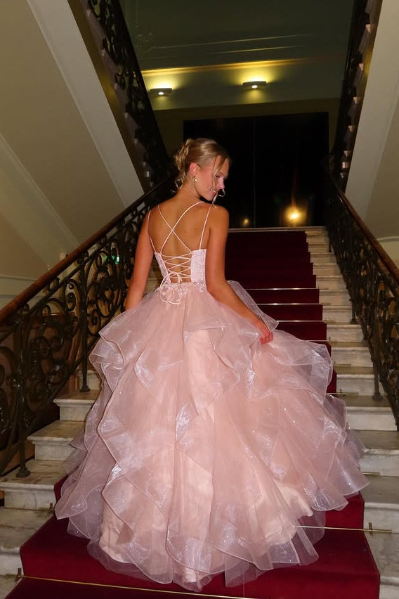 Sparkly Tulle A-Line Lace Top Square Sleeveless Tiered Party Prom Dress