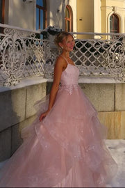 Sparkly Tulle A-Line Lace Top Square Sleeveless Tiered Party Prom Dress