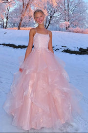Sparkly Tulle A-Line Lace Top Square Sleeveless Tiered Party Prom Dress