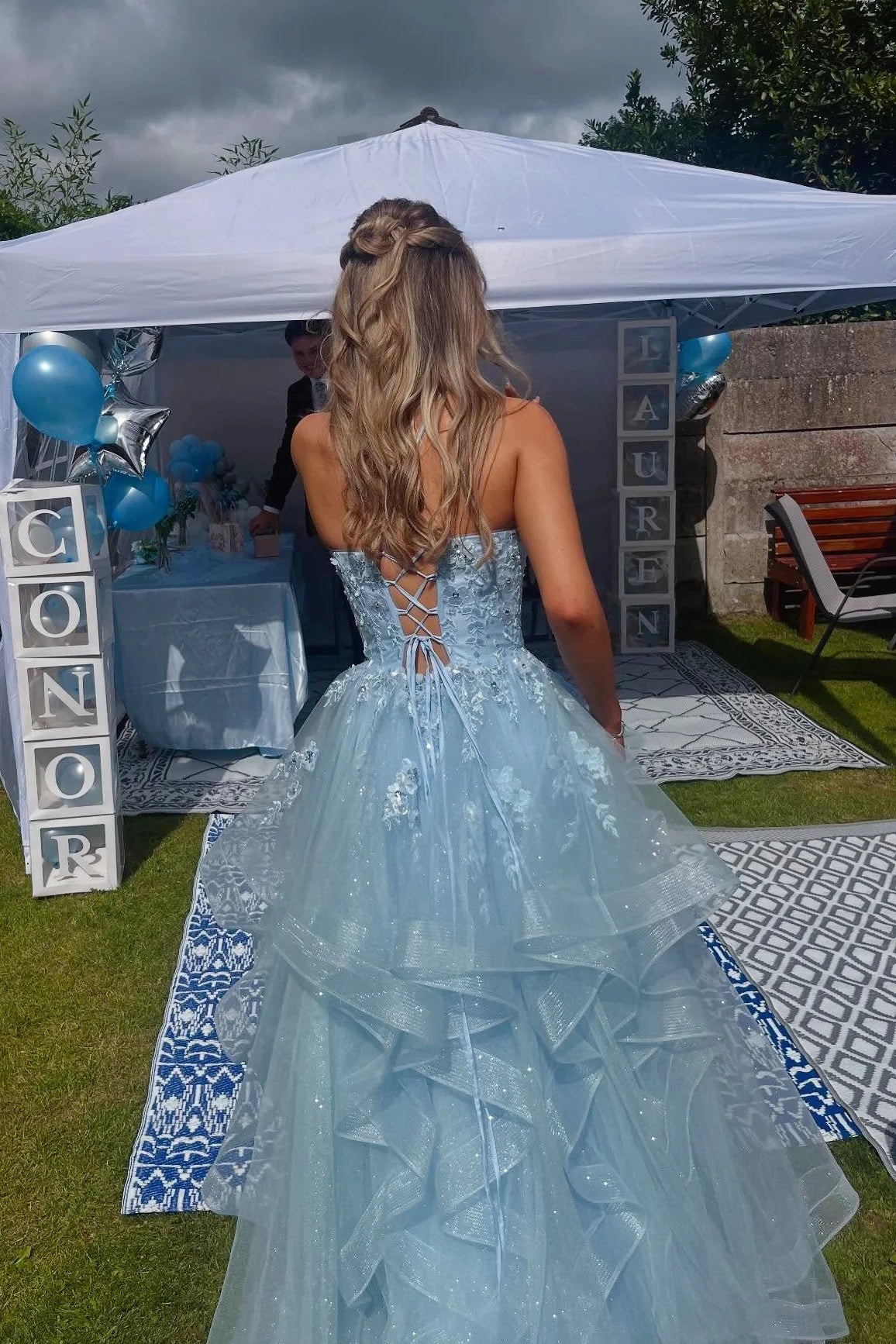 Sparkly Tulle A-Line Tiered Sweetheart Lace-Up Prom Party Dress