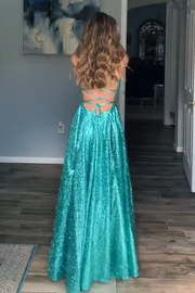 Sparkly V-Neck A-Line Fully Sequin Long Party Prom Dress