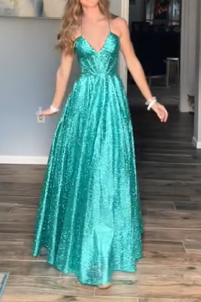 Sparkly V-Neck A-Line Fully Sequin Long Party Prom Dress