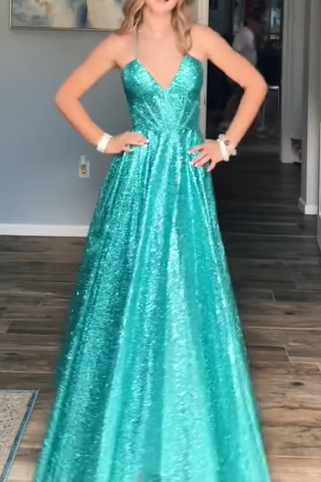 Sparkly V-Neck A-Line Fully Sequin Long Party Prom Dress