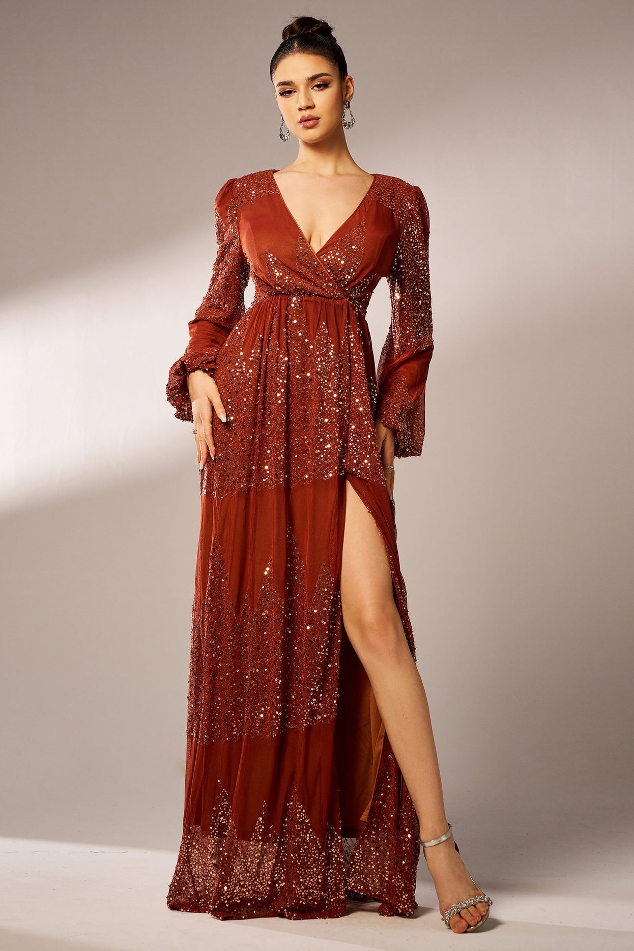 Sparkly V-Neck Long Sleeves A-Line Empire Prom Party Dress