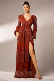 Sparkly V-Neck Long Sleeves A-Line Empire Prom Party Dress