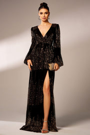 Sparkly V-Neck Long Sleeves A-Line Empire Prom Party Dress