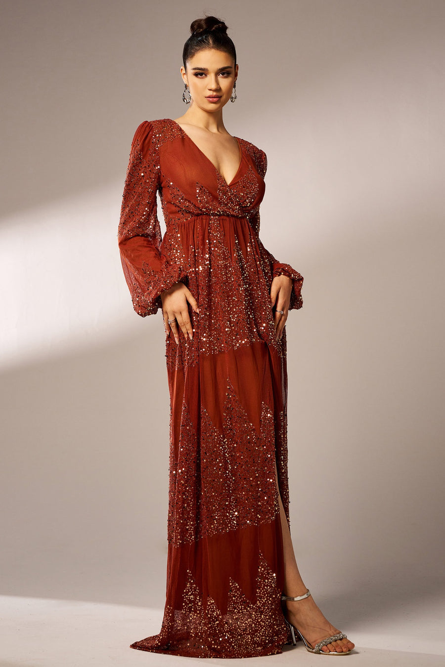 Sparkly V-Neck Long Sleeves A-Line Empire Prom Party Dress