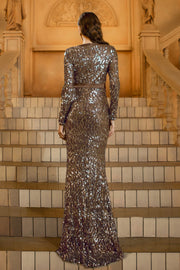 Sparkly V-Neck Long Sleeves Mermaid Sequin Party Evening Dress