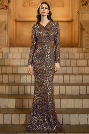 Sparkly V-Neck Long Sleeves Mermaid Sequin Party Evening Dress