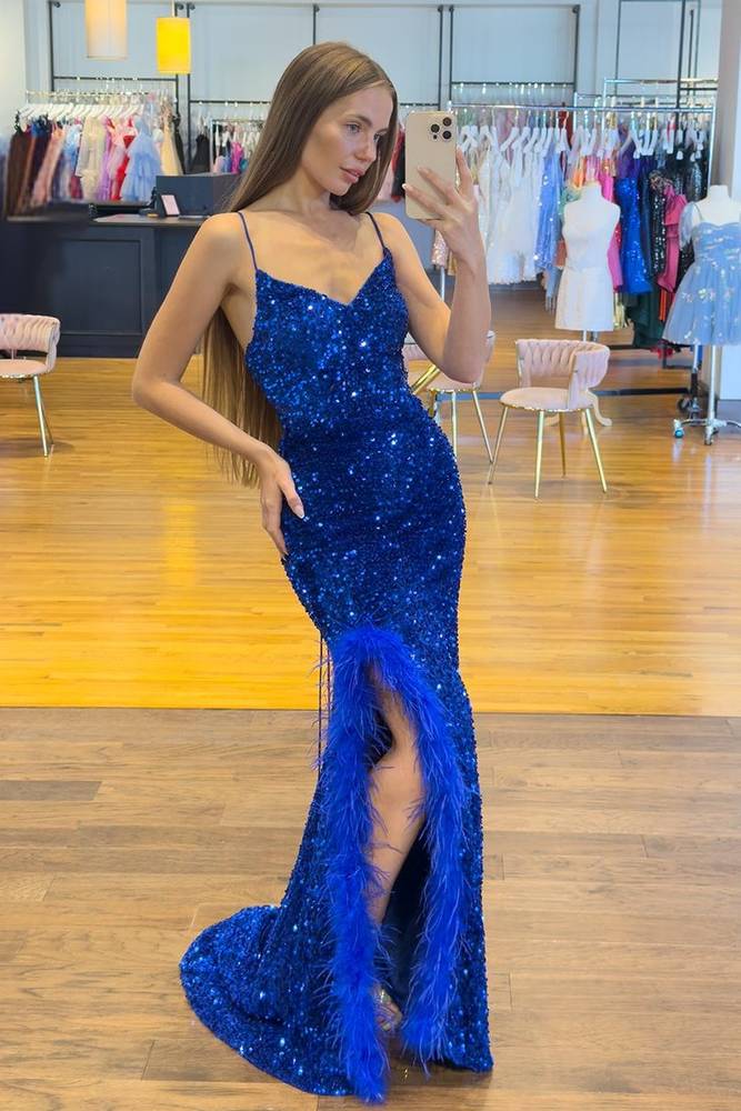 Sparkly V-Neck Sequins And Feathers Mermaid Party Prom Dress