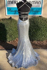 Sparkly V-Neck Sleeveless Mermaid Sequins Long Prom Dress