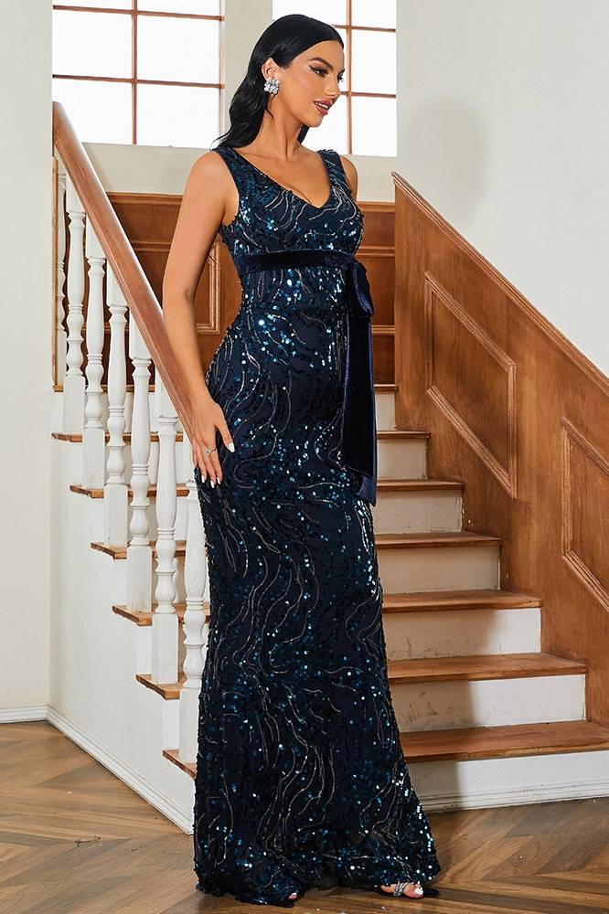 Sparkly V-Neck Sleeves Long Party Evening Dress