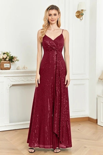 Sparkly V-Neck Spaghetti Straps A-Line Empire Sequin Party Prom Dress