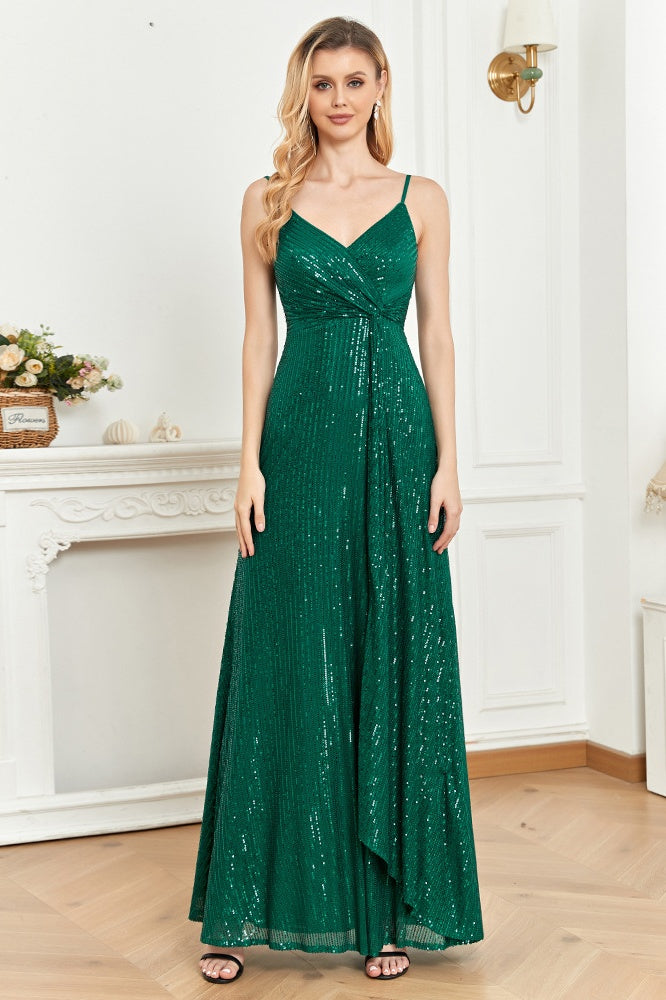 Sparkly V-Neck Spaghetti Straps A-Line Empire Sequin Party Prom Dress