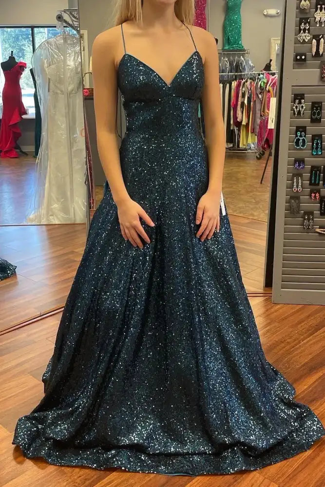 Sparkly V-Neck Spaghetti Straps A-Line Prom Dress