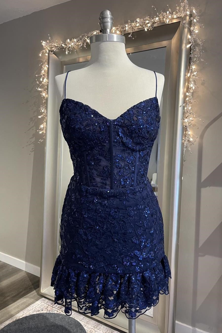 Sparkly V-Neck Spaghetti Straps Lace Appliques Homecoming Dress | Joyofdress Sparkly V-Neck Spaghetti Straps Lace Appliques Homecoming Dress | Joyofdress