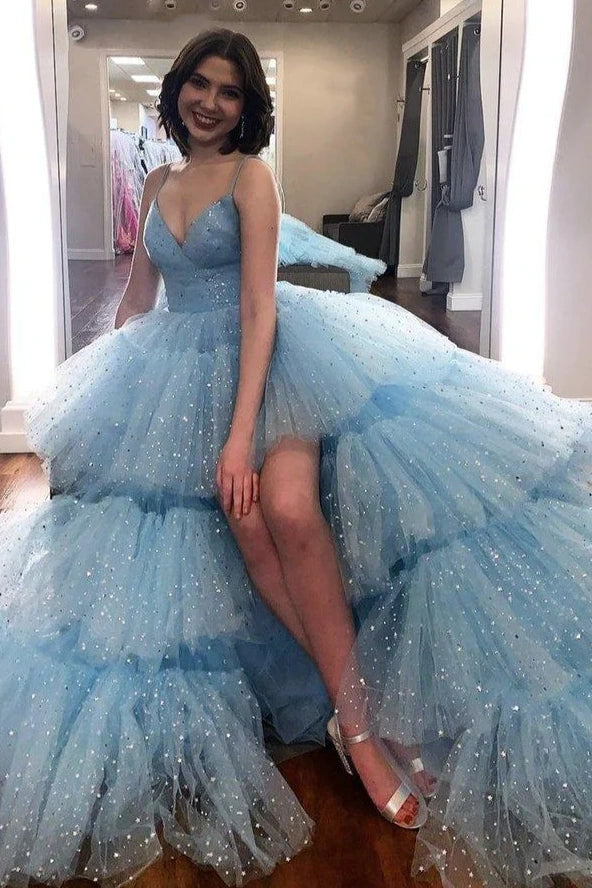 Sparkly V-Neck Spaghetti Straps Tiered Tulle A-Line Party Prom Dress