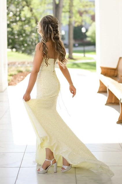 Sparkly Yellow Mermaid Strapless Split Party Prom Dress