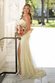 Sparkly Yellow Mermaid Strapless Split Party Prom Dress