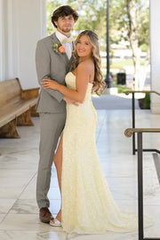 Sparkly Yellow Mermaid Strapless Split Party Prom Dress