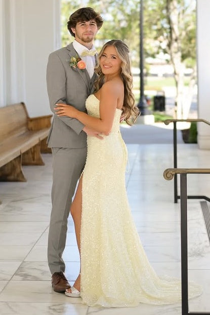 Sparkly Yellow Mermaid Strapless Split Party Prom Dress