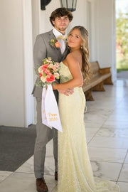 Sparkly Yellow Mermaid Strapless Split Party Prom Dress