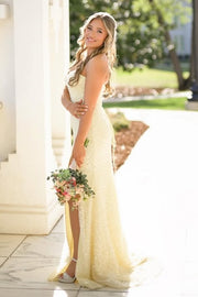 Sparkly Yellow Mermaid Strapless Split Party Prom Dress