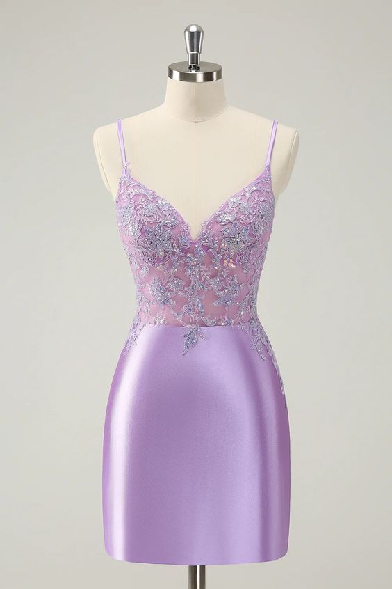 Sparkly Bodycon Lilac Spaghetti Straps Homecoming Dress with Sequins Purple / US 12 Sparkly Bodycon Lilac Spaghetti Straps Homecoming Dress with Sequins Purple / US 12