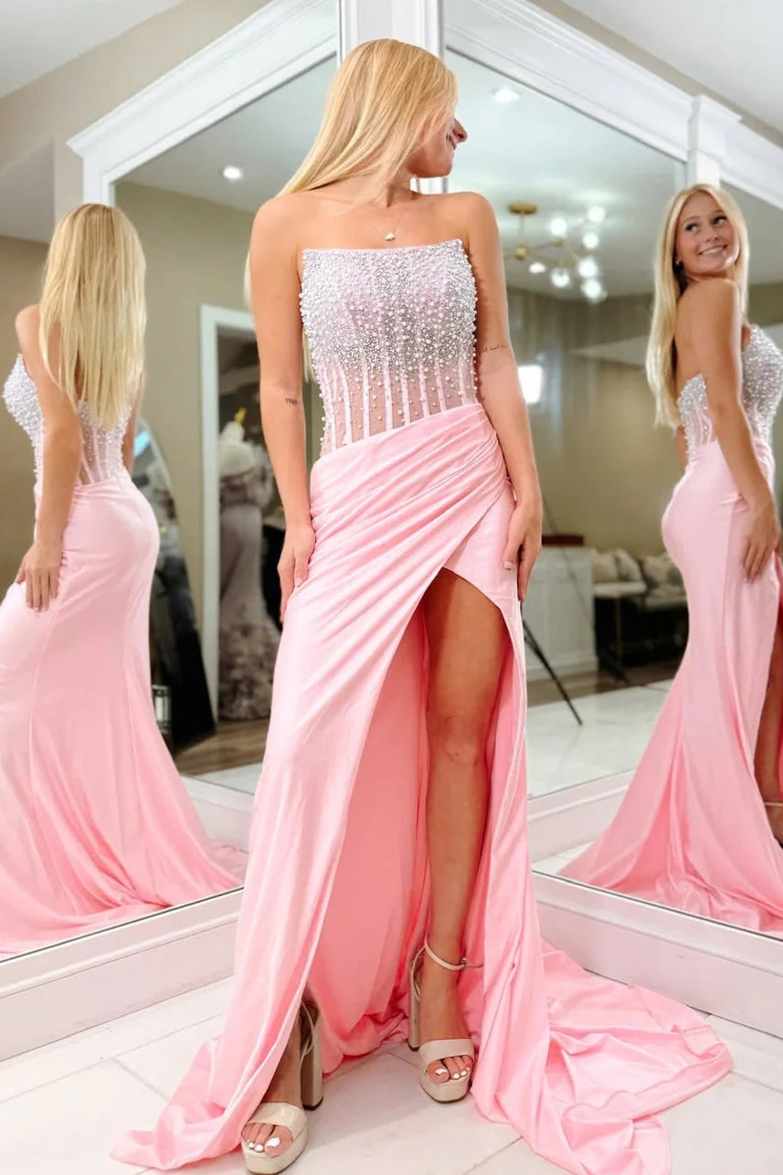 Square Beaded Top Satin Mermaid Party Prom Dress With Train
