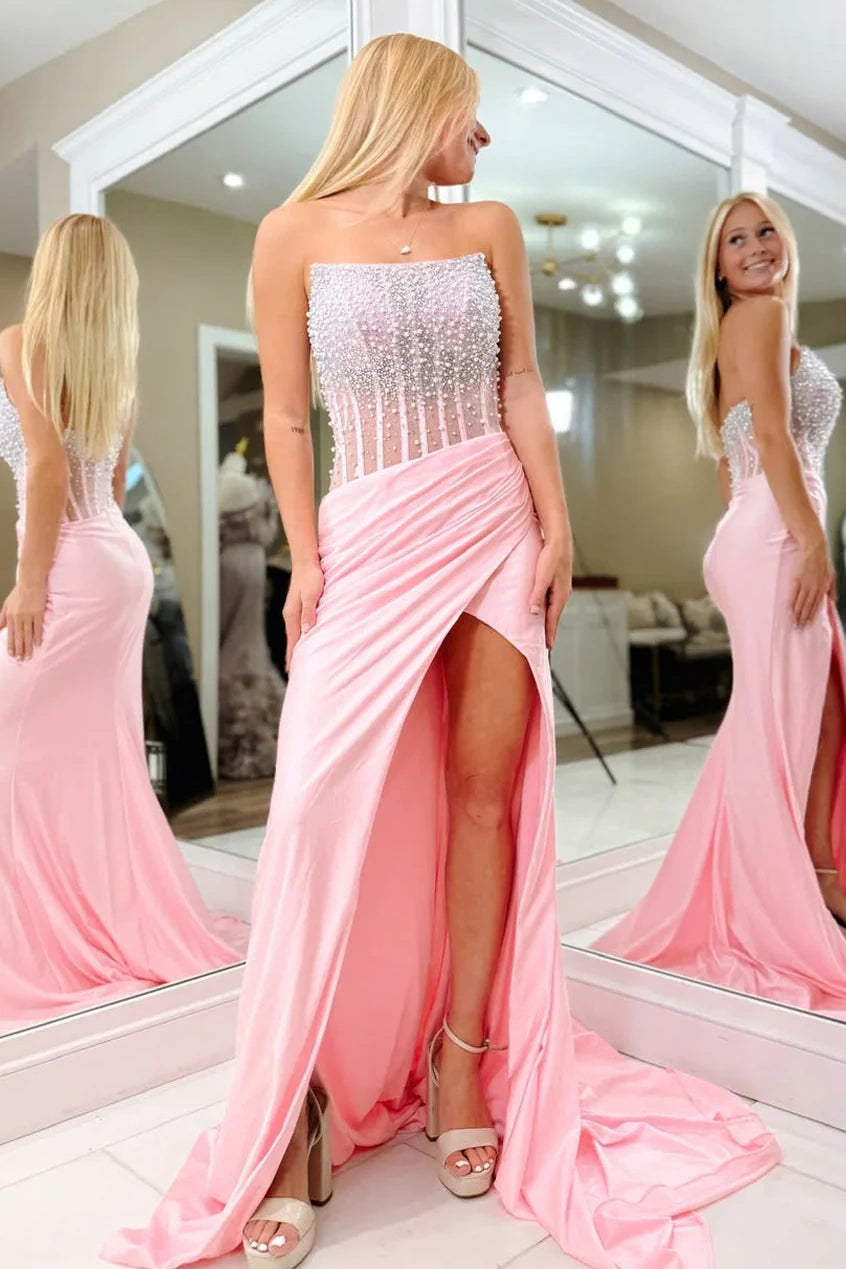 Square Beaded Top Satin Mermaid Party Prom Dress With Train