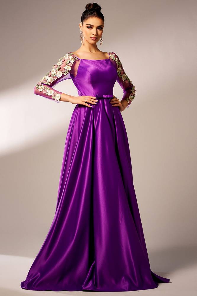 Square Long Floral Sleeves A-Line Party Evening Dress